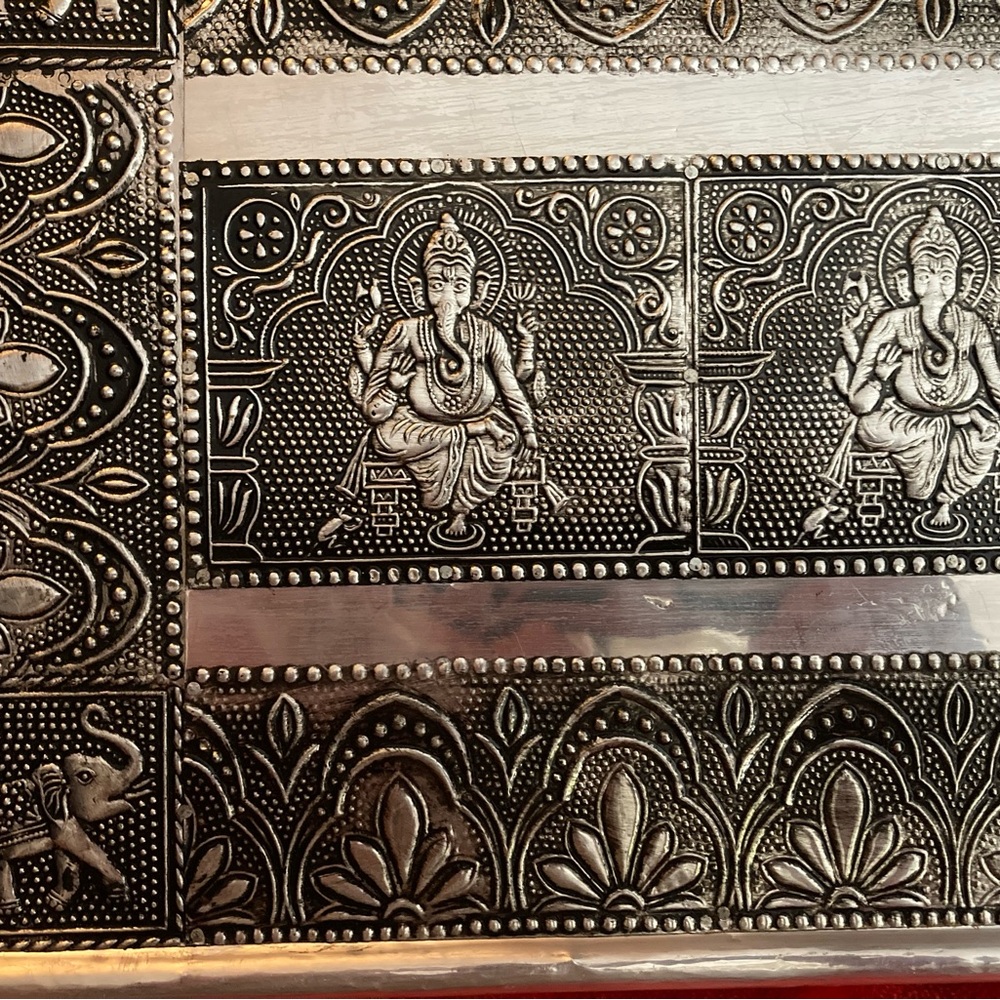 Hindu Silver Tone Carved Tin Good Luck Art Piece. Front and sides carved.